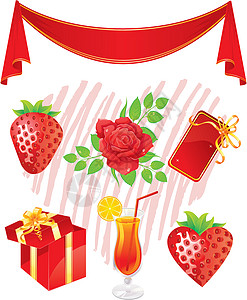 红色对象集丝带礼物床单电脑绘画盒子框架玫瑰金子插图图片