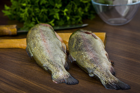 两只生鳟鱼食物尾巴绿色香菜健康海鲜盘子海洋钓鱼饮食图片