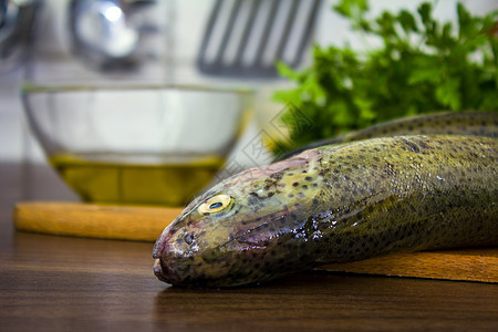 两只生鳟鱼厨房绿色食物海鲜美食饮食盘子营养尾巴海洋图片