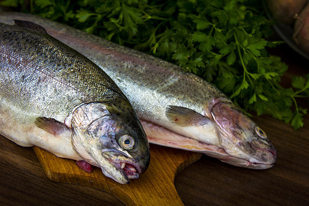 两只生鳟鱼营养尾巴健康食物香菜饮食午餐厨房海鲜钓鱼图片