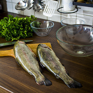 两只生鳟鱼淡水盘子食物健康海洋香菜海鲜尾巴绿色营养图片