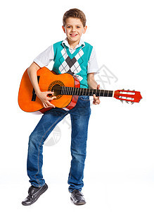 具有经典西班牙语吉他男孩孩子戏剧男性蓝色乐趣艺术旋律细绳停留年轻人图片