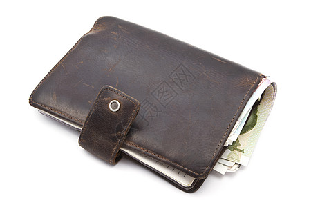 带货币的棕色钱包小路口袋皮夹信用白色卡片商业支付皮革购物背景图片