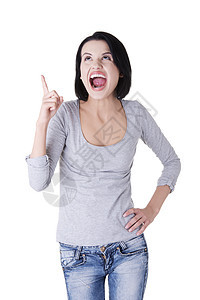 惊异的女人尖叫 指着复制空间蓝色震惊压力手势人士女性黑发商业商务手指图片
