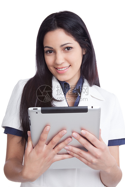 拥有数字板牌的年轻妇女电脑工作职员护士医师牙裔女性药品软垫成人图片
