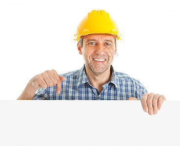 显示空版板的自信工人木匠建设者承包商木板服务职业工作横幅广告牌海报图片