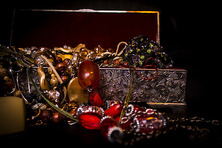 珠宝盒宝库盒珍珠奢华财富礼物黄色珠宝黑色古董项链金属背景
