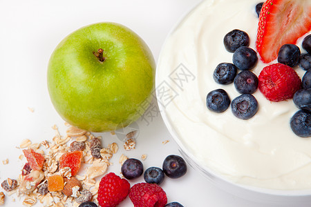 健康饮食覆盆子奶油食物甜点早餐水果谷物干果营养白色图片