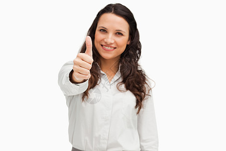 点赞,黑发美女的肖像和拇指背景