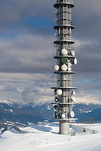 通讯天线塔收音机卫星微波电视电话全球蓝色发射机天空收发器图片