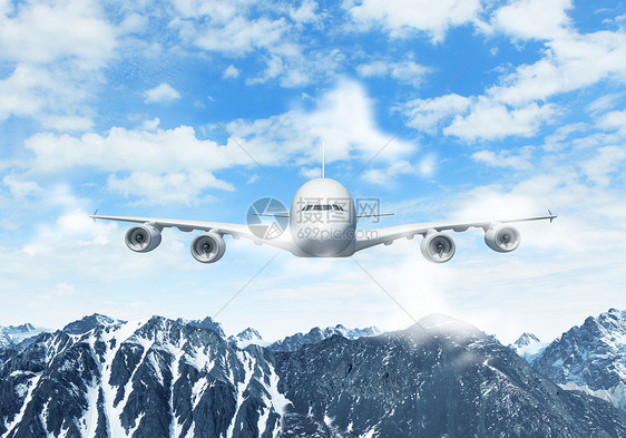 高山上空的白色客机空气地平线旅游风景机身奢华飞机天线航空高度图片