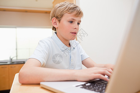 金发男孩用笔记本电脑图片