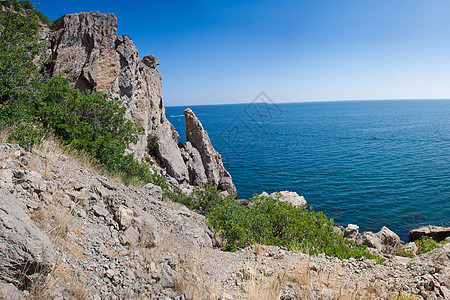 Sudak海滩 黑海 乌克兰 黑海天线岩石房子蓝色旅行海岸悬崖全景支撑爬坡图片