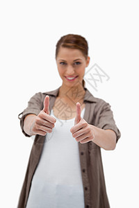 女人举起大拇指快乐外表手指喜悦幸福女性白色微笑手势图片