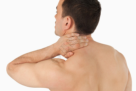 经历颈部疼痛的年轻男子运动紧张药品脊柱躯干疾病痛苦混血儿颈椎身体图片