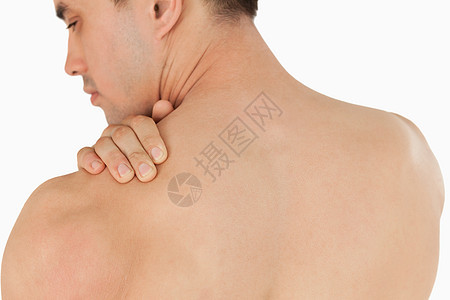 颈部疼痛的年轻男性脊柱药品身体混血儿颈椎痛苦疾病紧张躯干白色图片