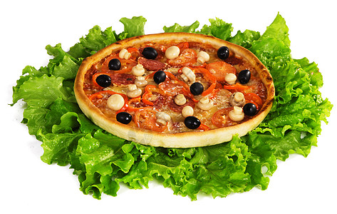 生菜叶上的披萨美食香肠叶子食物脆皮营养宏观烹饪辣椒蔬菜图片
