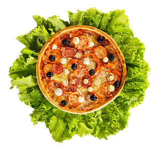 生菜叶上的披萨辣椒蔬菜胡椒香肠食物烹饪脆皮小吃宏观熏肉图片