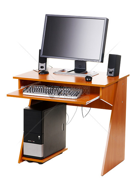 现代个人电脑在表格上扬声器单元视频技术办公室职场桌子硬件监视器药片图片