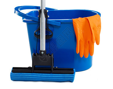 交换和水桶打扫白色拭子家庭整理橙子红色蓝色拖把垃圾桶图片