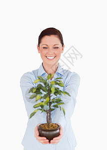 有吸引力的红头发女性在站着时持有家用植物图片