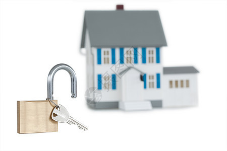 微型房屋和打开锁锁房子保险玩具窗户大厦财产挂锁白色安全插图图片