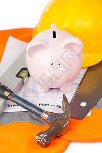 橙色夹克上的工具和微型房屋职业工作机械玩具白色工程师小猪灰色黄色粉色图片