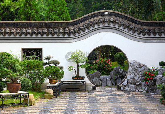 中国花园寺庙生长竹子房子艺术植物树木花朵建筑小路图片