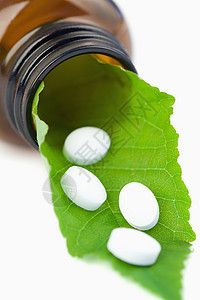 小瓶子里的叶子和药片棕色热带白色草本植物药品医疗液体植物玻璃场景图片