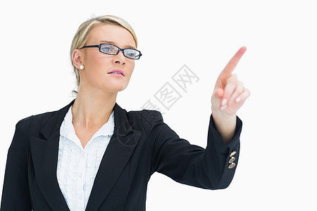 金发女人指着头发女性长发浅色套装生意人人士商务眼镜手势图片
