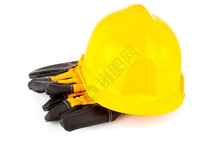 硬帽和防护手套金属皮革工作服用具建筑工人黑色说谎工作防护服头盔图片