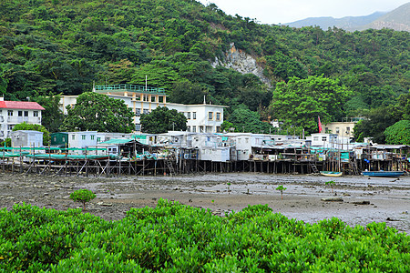 香港大O村渔村蓝色场景风化旅行天空高跷房子钓鱼住宅窝棚图片