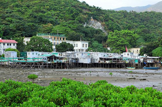 香港大O村渔村蓝色场景风化旅行天空高跷房子钓鱼住宅窝棚图片