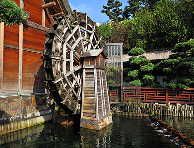 木制水轮文化建筑池塘城市草地建筑学石头历史性车轮房子图片