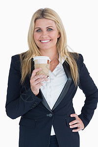 拥有咖啡杯的女商务人士生意人女性女士白领金发女郎头发商务纸杯金发套装图片