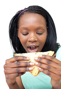 非裔美洲青年妇女吃三明治的年青女人图片