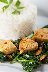 鸡肉咖喱盘子叶子课程蔬菜香菜食物香料绿色家禽香米图片