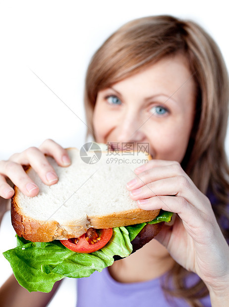 拿着三明治的笑女人图片