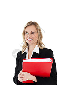 一位自信的女商务人士持有红色档案图片