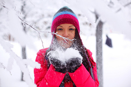 冬冬女童外套森林女性雪花季节女孩女士微笑蓝色手套图片