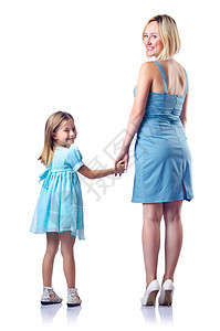 快乐的妈妈和女儿在白色童年父母女士乐趣母性女孩拥抱幸福微笑家庭图片