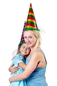 快乐的妈妈和女儿在白色女孩女性派对乐趣女士孩子家庭童年拥抱微笑图片