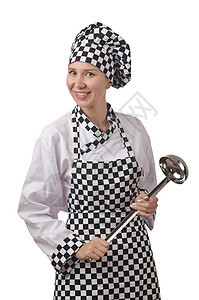 年轻女性厨师 孤立在白衣服上厨房围裙生活饮食女孩房子烹饪钢包快乐主妇图片
