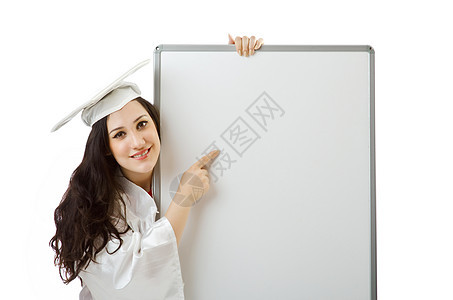 带空白板的年轻学生学士海报幸福学习女性水平木板文凭快乐展示图片