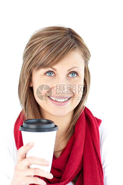 佩戴围巾的咖啡持阳性妇女图片