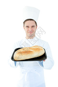将面包拿进摄像头的鲜肉男性烹饪图片