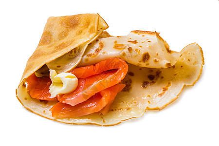 煎炒鲑鱼和黄油的薄饼餐厅早餐国家美食盘子奢华奶油甜点午餐营养图片