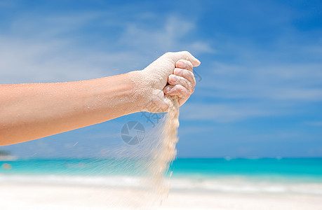 手拿着沙子棕榈海岸线拳头热带风景女性地平线天空蓝色旅行图片