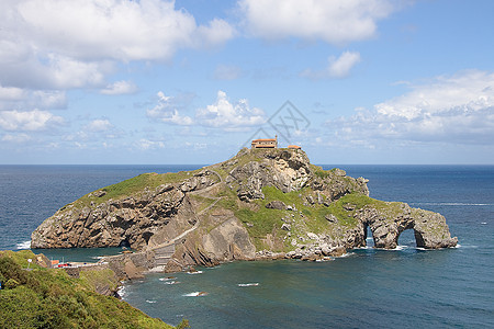 圣胡安德加兹泰卢加特克塞 西班牙比斯卡亚楼梯旅行国家教堂晴天海洋教会图片