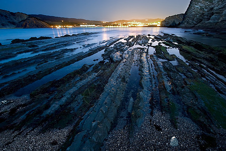 西班牙比兹卡亚巴里卡海滩日落石头地区岩石图片
